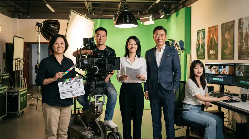精神小妹专业影视制作团队在现代化摄影棚中合影，展示导演、摄影师、编剧、制片人和剪辑师