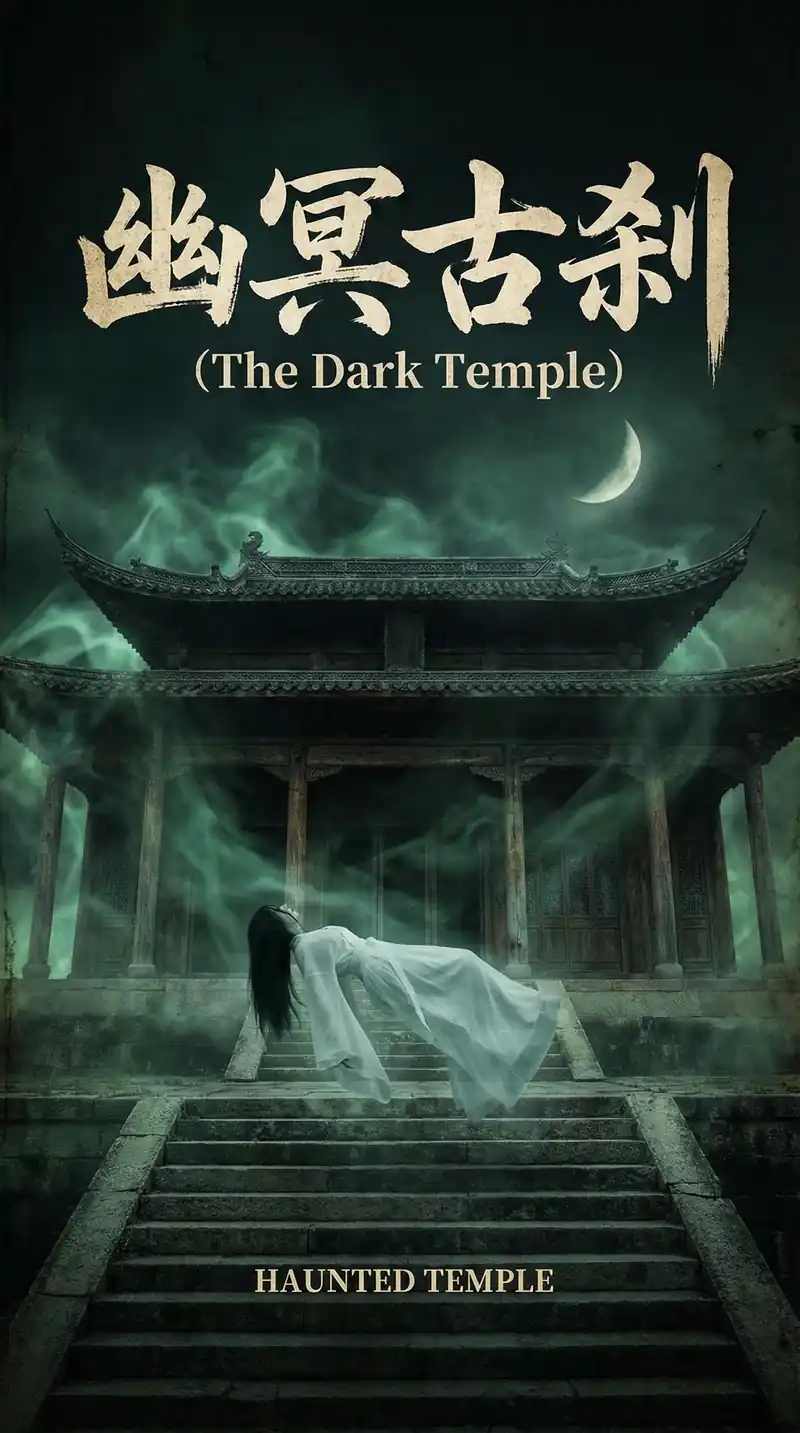 抖阴栏目热门微电影幽冥古刹海报，月光下古寺中的神秘场景